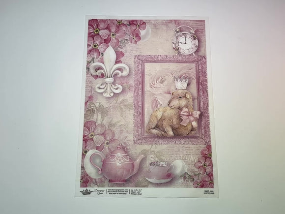 A 10 second video shows a close-up and backside of Decoupage Queen's Easter Lamb rice paper against a white background.