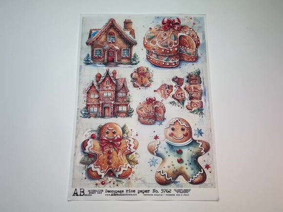 A 14 second video showing a close-up and backside of AB Studio's Christmas Gingerbread Cookies A4 rice decoupage paper is against a white background.