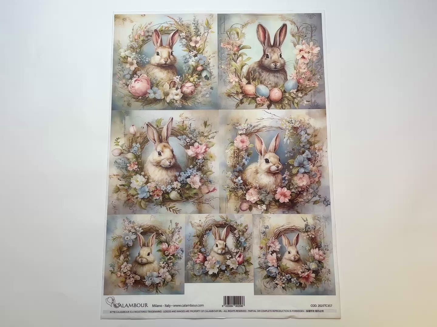 A 13 second video shows a close-up and backside of Calambour Italy's Wreath Frames Bunny Portraits 2 A3 rice paper against a white background.