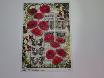 A 14 second video shows a close-up and backside of Decoupage Queen's Urban Poppies A4 rice paper.