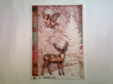 A 14 second video shows a close-up and backside of Decoupage Queen's Pink Deer A4 rice paper against a white background.