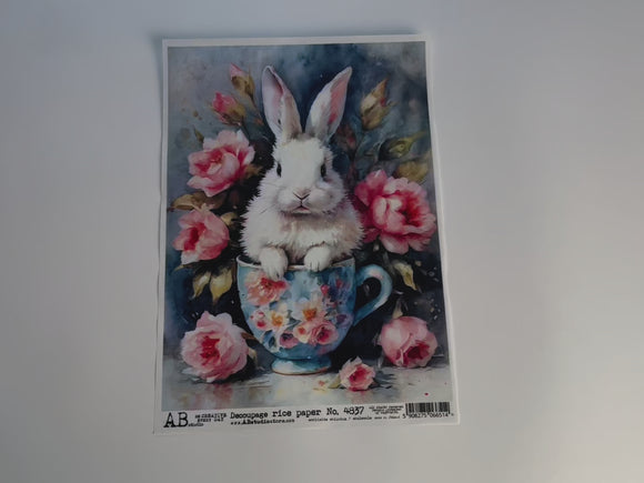 A 14 second video shows a close-up of AB Studio's Easter Bunny in a Teacup with Pink Flowers against a white background.