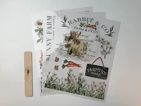 A 15 second video shows a close-up and backside of 3 sheets of ReDesign with Prima's Blossom Bunnies small rub-on transfers against a white background.