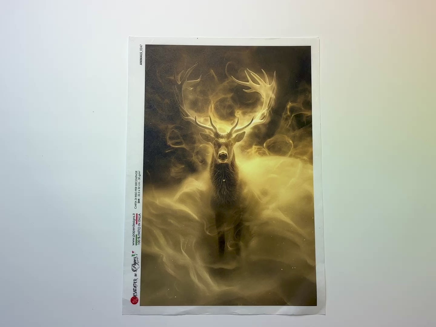 A 14 second video shows a close-up and backside of Paper Designs Italy's Majestic Golden Stag A4 rice paper against a white background.