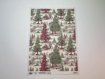 A 15 second video shows a close-up and backside of Decoupage Queen's Evergreen Toile A4 rice paper against a white background.