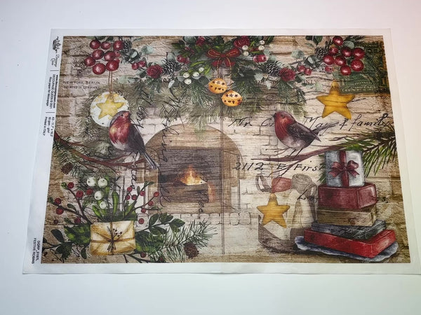 A 14 second video of a close-up and backside of Decoupage Queen's Festive Robins A3 rice paper is against a white background.