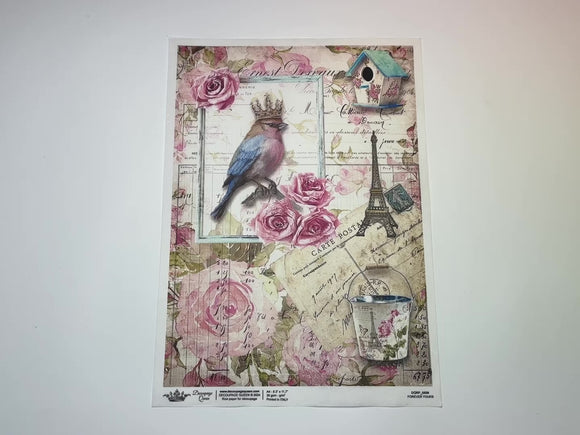 A 14 second video shows a close-up and backside of Decoupage Queen's Forever Yours rice paper against a white background.