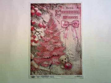 A 12 second video shows a close-up and backside of Decoupage Queen's Best Christmas Wishes A4 rice paper against a white background.