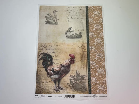 A 14 second video shows a close-up and backside of ITD Collection's Rooster Bunny and Duck A4 rice paper against a white background.