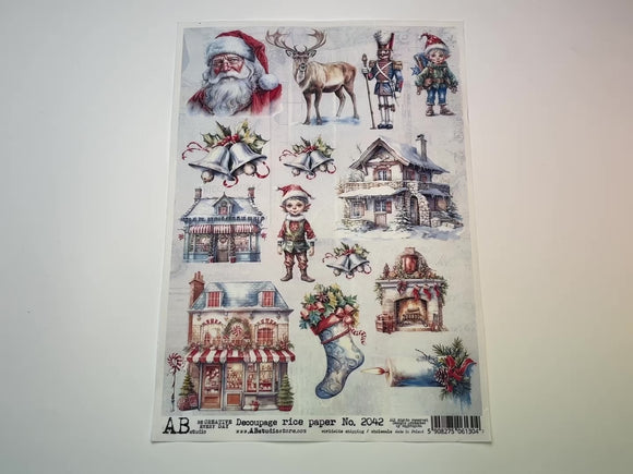 A 15 second video showing a close-up and backside of AB Studio's Elves and Holiday Stores A4 rice decoupage paper is against a white background.