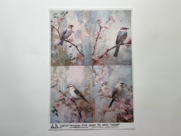 A 15 second video shows a close-up and backside of AB Studio's Cherry Blossom Birds 4 Pack A4 rice paper against a white background.