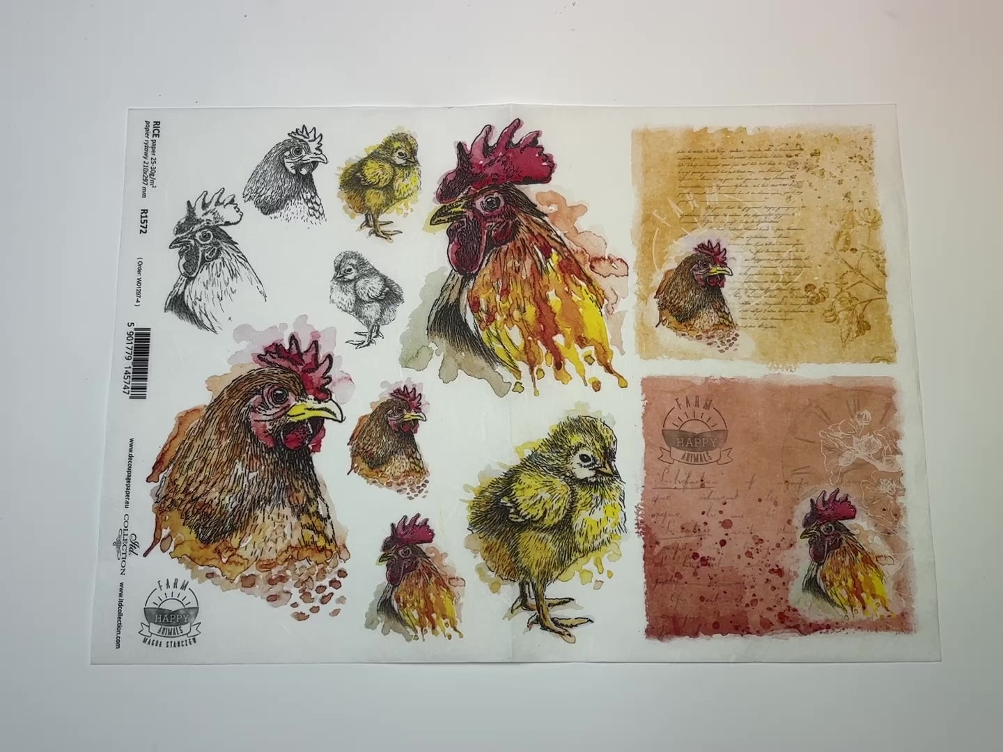 A 14 second video shows a close-up and backside of ITD's Farm Rooster Portraits rice paper against a white background.