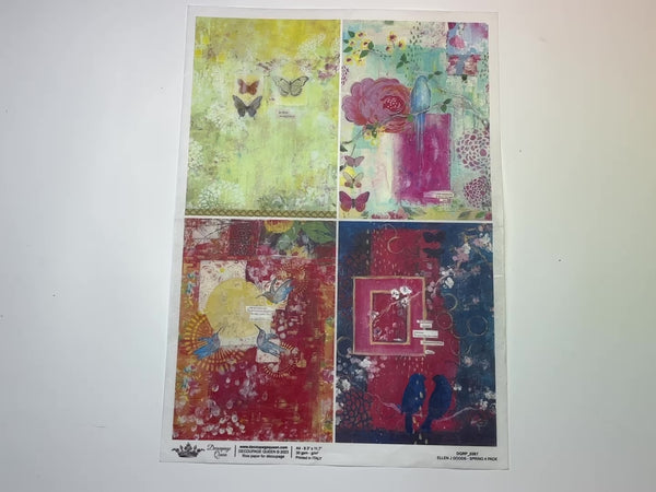 A 15 second video shows a close-up and backside of Decoupage Queen's Spring 4 Pack A4 rice paper against a white background.