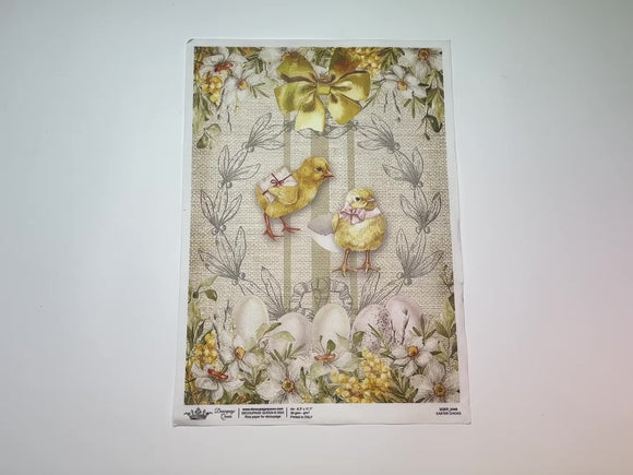 A 12 second video shows a close-up and backside of Decoupage Queen's Easter Chicks rice paper against a white background.