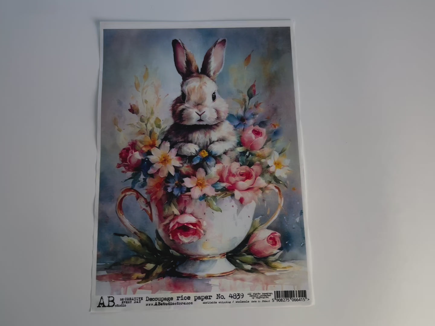 A 14 second video showing a close-up of AB Studio's Easter Bunny in a Tea Cup with Mixed Spring Flowers is against a white background.