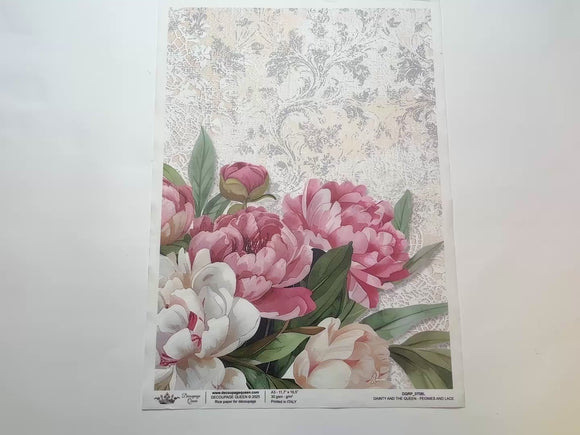 A 14 second video shows a close-up and backside of Decoupage Queen's Peonies and Lace A3 rice paper against a white background.