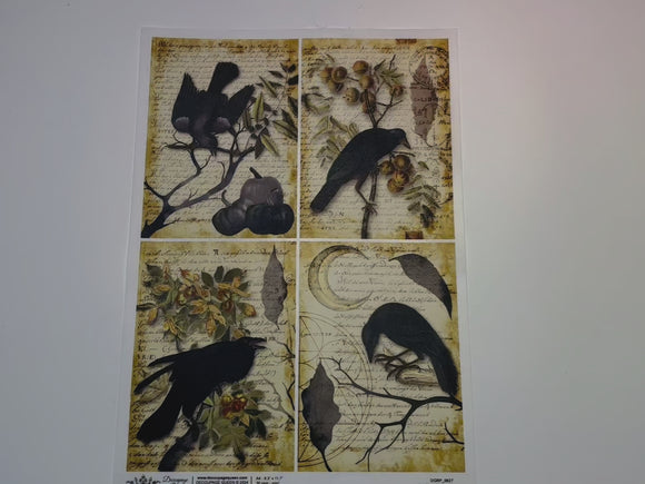 A 13 second video shows a close-up and backside of Decoupage Queen's Raven Grimoire A4 rice paper.