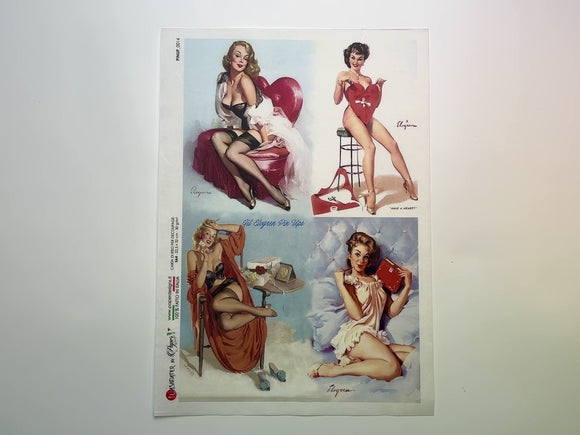 A 14 second video shows a close-up and backside of Paper Designs Italy's Valentine's Pinup Collection A4 rice paper against a white background.