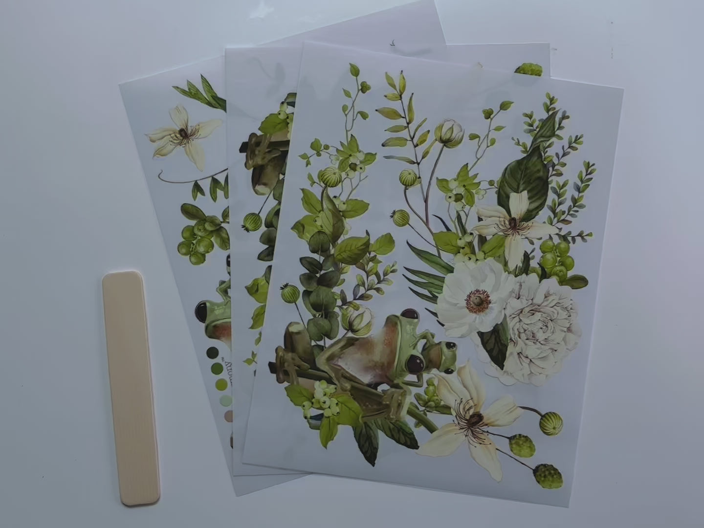 A 13 second video shows a close-up of 3 sheets of ReDesign with Prima's Froggy Meadow Greens middy transfer.