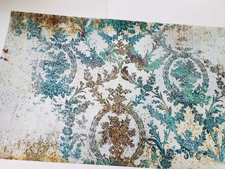 A short 15 second video of a hand rubbing over and lifting the top left corner of ReDesign with Prima's Rustic Patina Tissue Paper to show the size of paper and sheerness of the design.