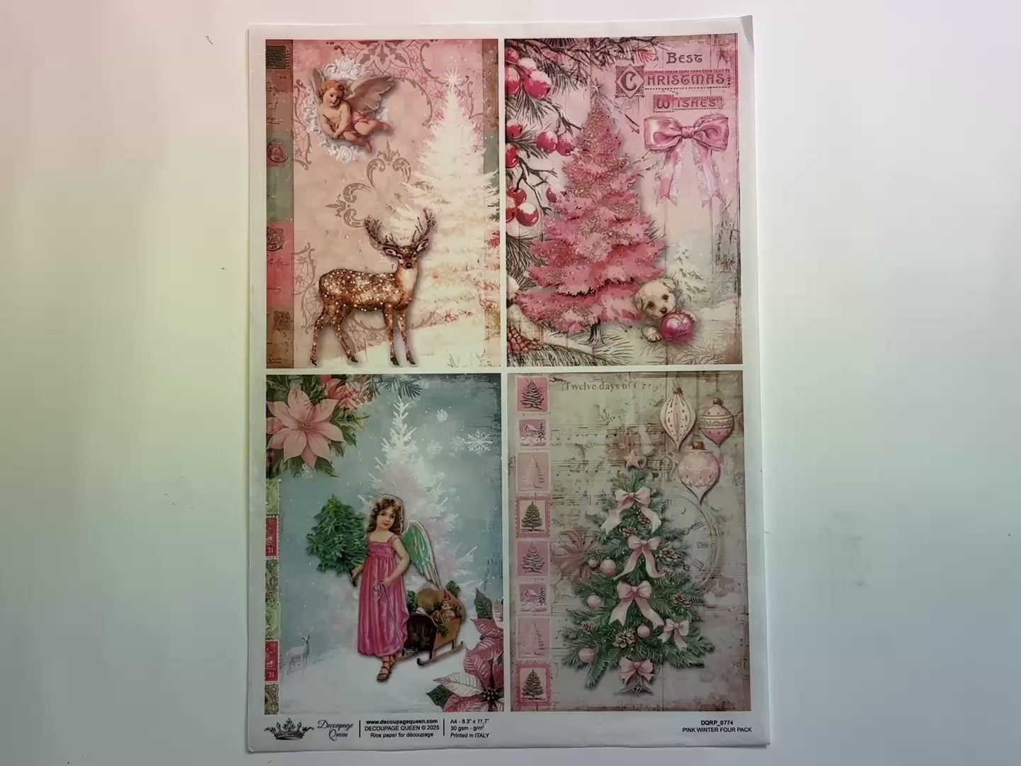 A 12 second video shows a close-up and backside of Decoupage Queen's Four Pink Winter Scenes A4 rice paper against a white background.