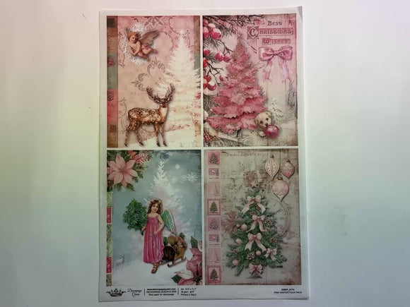 A 12 second video shows a close-up and backside of Decoupage Queen's Four Pink Winter Scenes A4 rice paper against a white background.