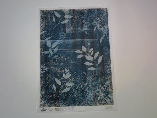 A 14 second video shows a close-up and backside of Decoupage Queen's Indigo Botanical 2 A4 rice paper.