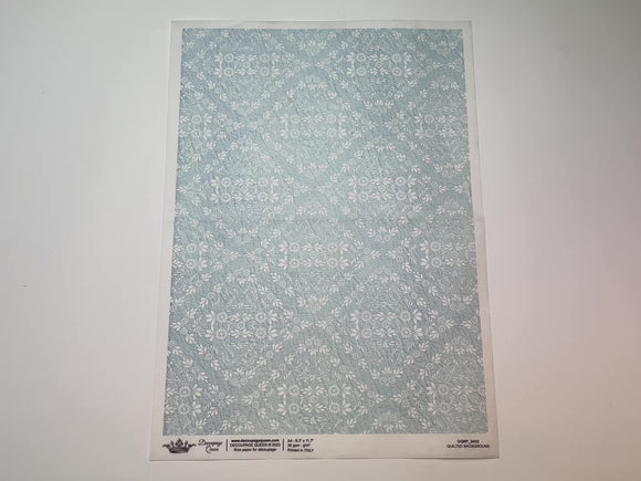 A 12 second video shows a close-up and backside of Decoupage Queen's Quilted Background rice paper against a white background.