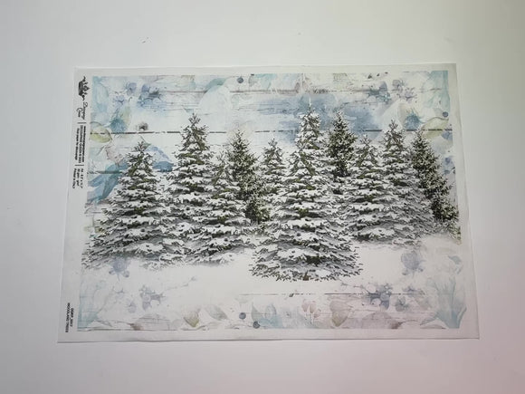 A 12 second video of a close-up and backside of Decoupage Queen's Woodland Trees A4 rice paper is against a white background.