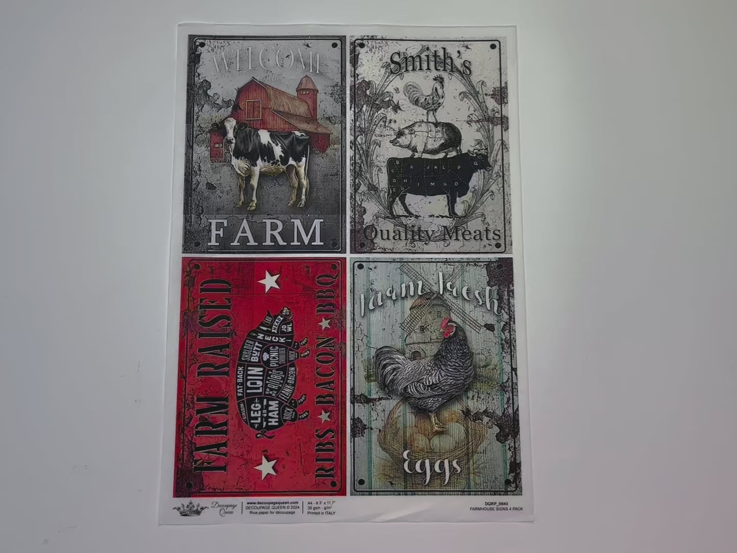 A 15 second video shows a close-up and backside of Decoupage Queen's Farmhouse Signs 4 Pack A4 rice paper.