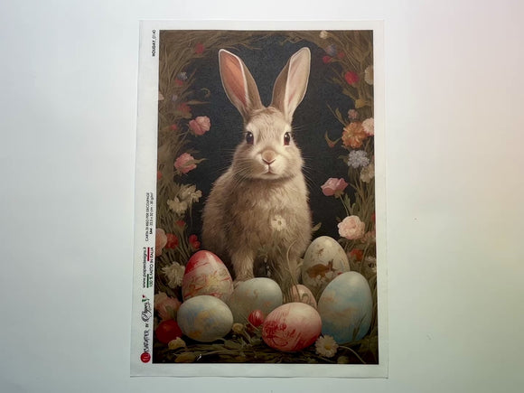 A 13 second video shows a close-up and backside of Paper Designs Italy's Bunny with Easter Eggs A4 rice paper against a white background.