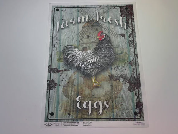 A 13 second video shows a close-up and backside of Decoupage Queen's Farm Fresh Eggs A3 rice paper.