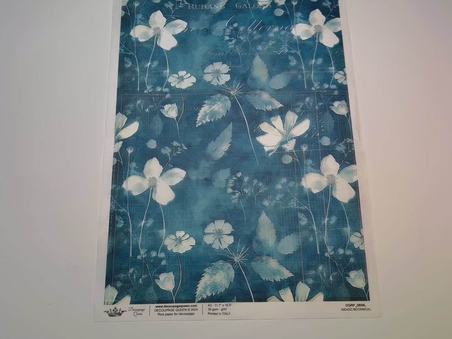 A 14 second video shows a close-up and backside of Decoupage Queen's Indigo Botanical 1 A3 rice paper.