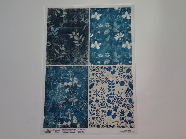 A 14 second video shows a close-up and backside of Decoupage Queen's Indigo Botanicals 4 Pack A4 rice paper.