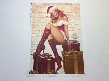 A 14 second video shows a close-up and backside of Paper Designs Italy's Christmas Pinup Girl A3 rice paper against a white background.
