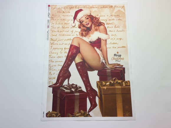 A 14 second video shows a close-up and backside of Paper Designs Italy's Christmas Pinup Girl A3 rice paper against a white background.