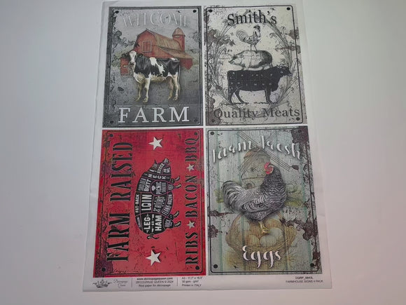 A 15 second video shows a close-up and backside of Decoupage Queen's Farmhouse Signs 4 Pack A3 rice paper.