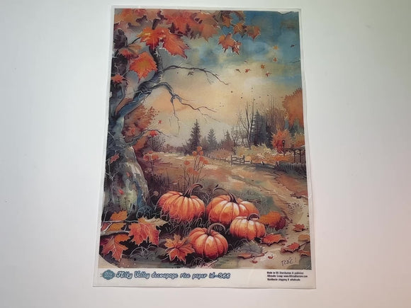 A 15 second video showing a close-up and backside of AB Studio's Fall Twisted Tree and Pumpkins Scene A4 rice decoupage paper is against a white background.