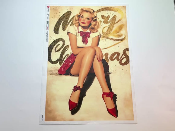 A 15 second video shows a close-up and backside of Paper Designs Italy's Vintage Christmas Pinup A3 rice paper against a white background.