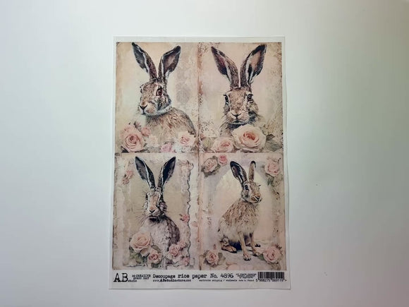 A 14 second video shows a close-up and backside of AB Studio's Four Shabby Chic Rabbits A4 rice paper against a white background.