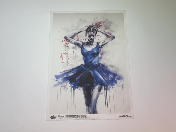 An 11 second video shows a close-up and backside of Decoupage Queen's Andy Skinner Allgero Ballerina rice paper against a white background.