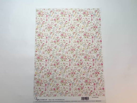 A 13 second video shows a close-up and backside of Calambour Italy's White and Pink Florals Pattern A3 rice paper against a white background.