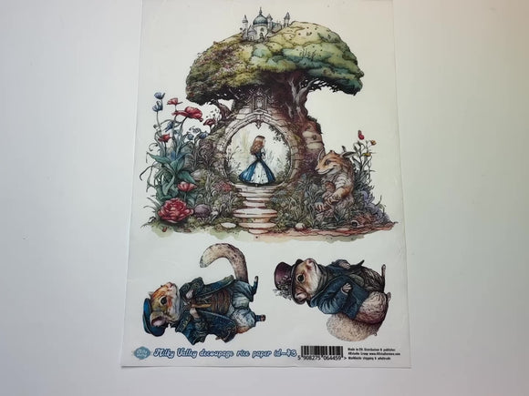 A 14 second video showing a close-up and backside of AB Studio's Alice in Wonderland Tree House A4 rice decoupage paper is against a white background.