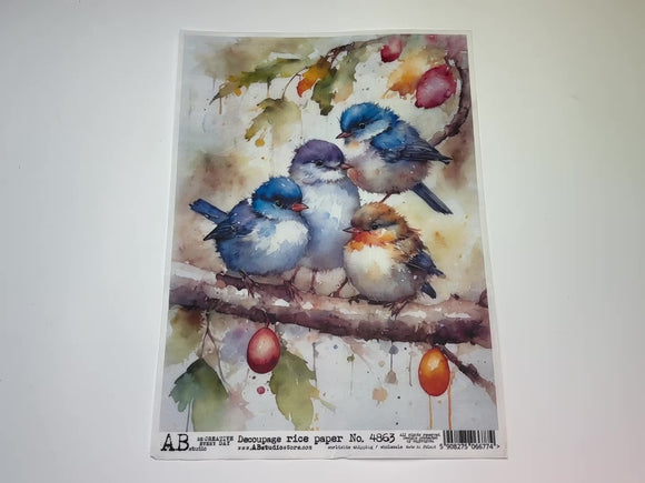 A 14 second video of a close-up and backside of AB Studio's Watercolor Birds on a Branch A4 rice paper is against a white background.