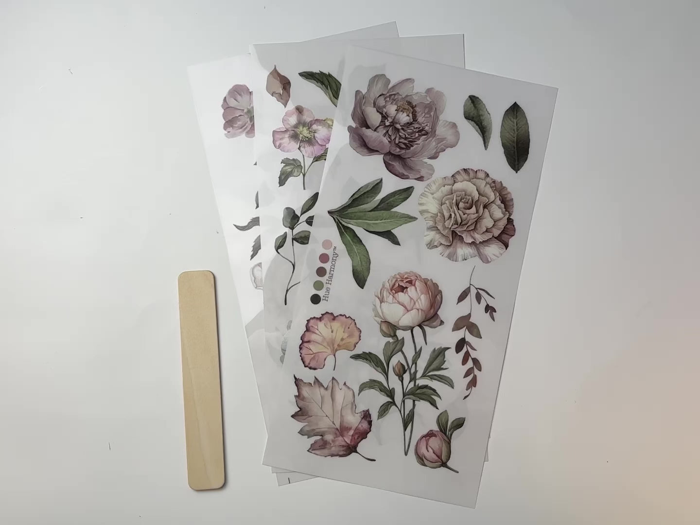 A 14 second video shows a close-up and backside of 3 sheets of ReDesign with Prima's Blossom Breeze small rub-on transfers against a white background.