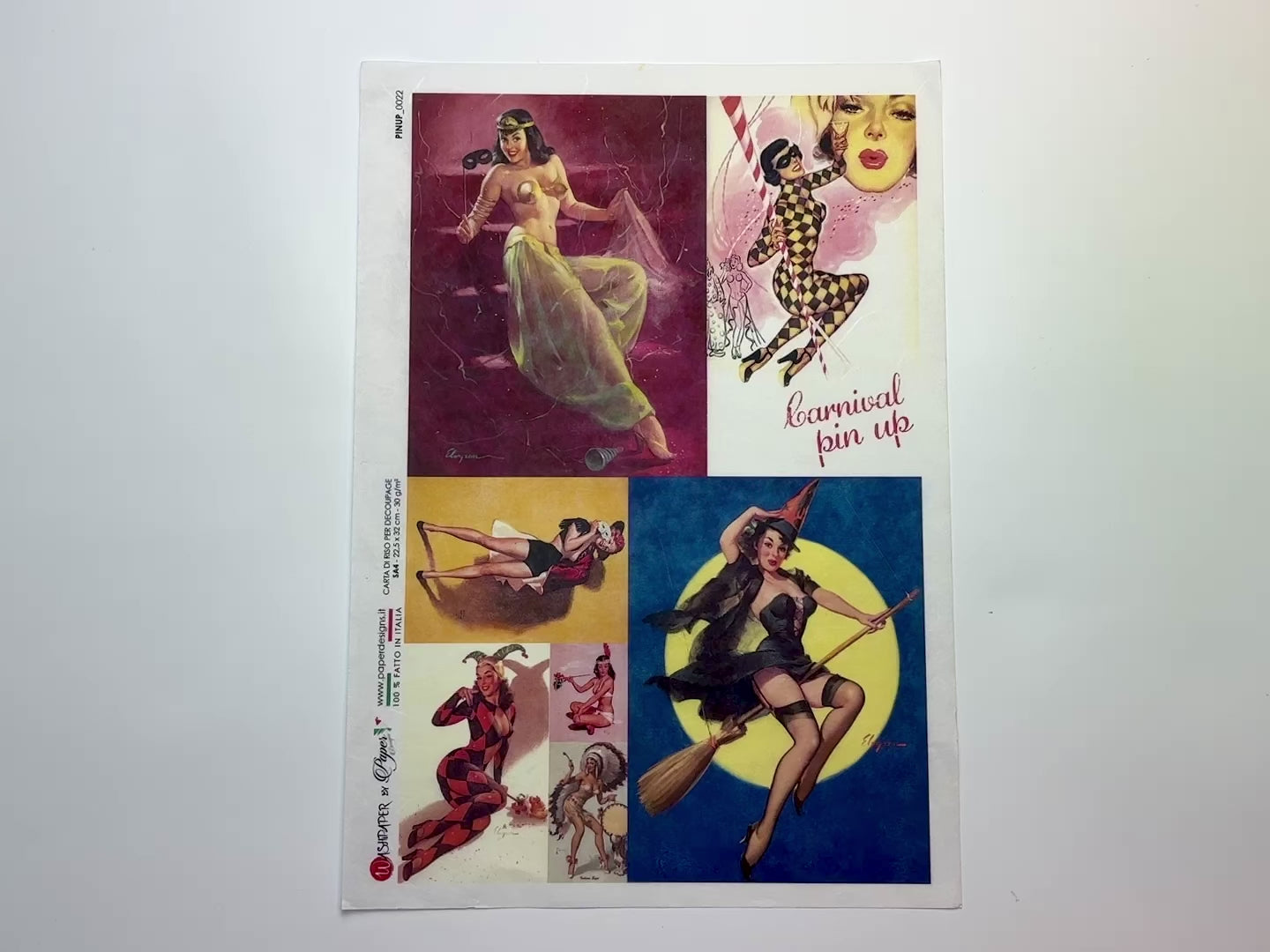 A 14 second video shows a close-up and backside of Paper Designs Italy's Halloween Pinup Collection A4 rice paper against a white background.