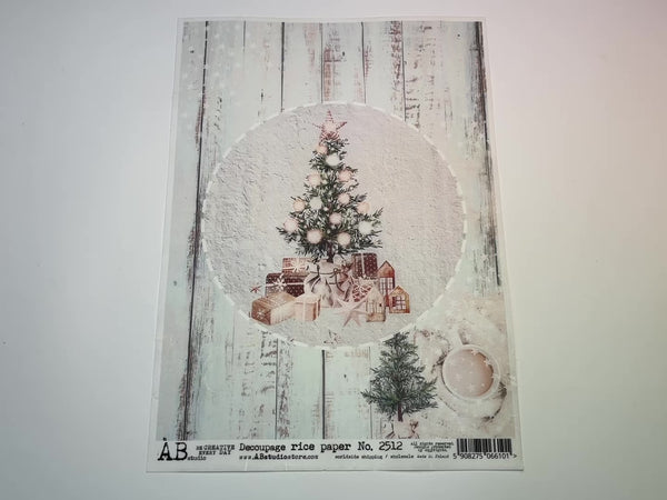 A 13 second video showing a close-up and backside of AB Studio's Farmhouse Christmas Tree A4 rice decoupage paper is against a white background.