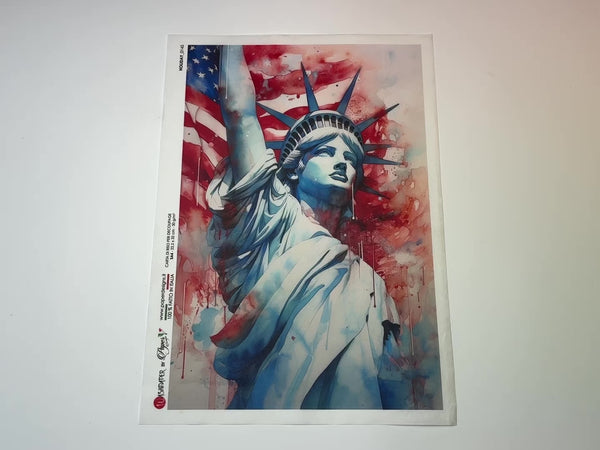 A 13 second video shows a close-up and backside of Paper Designs Italy's Lady Liberty rice paper against a white background.