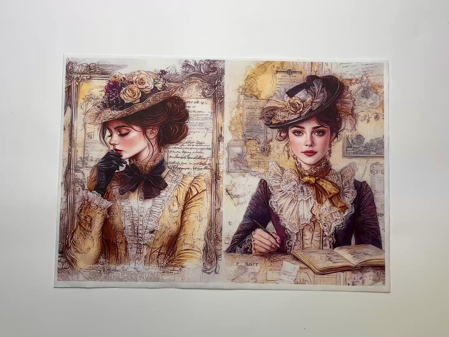 A 13 second video shows a close-up and backside of LaBlanche's Victorian Ladies Duo A4 rice paper against a white background.