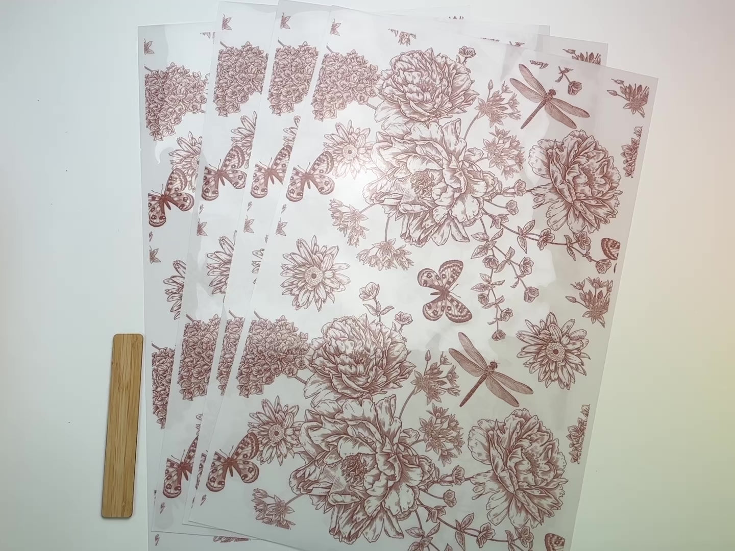 A 15 second video shows a close-up of 4 sheets of Belles & Whistles' Dragonfly Blooms rub-on transfer.